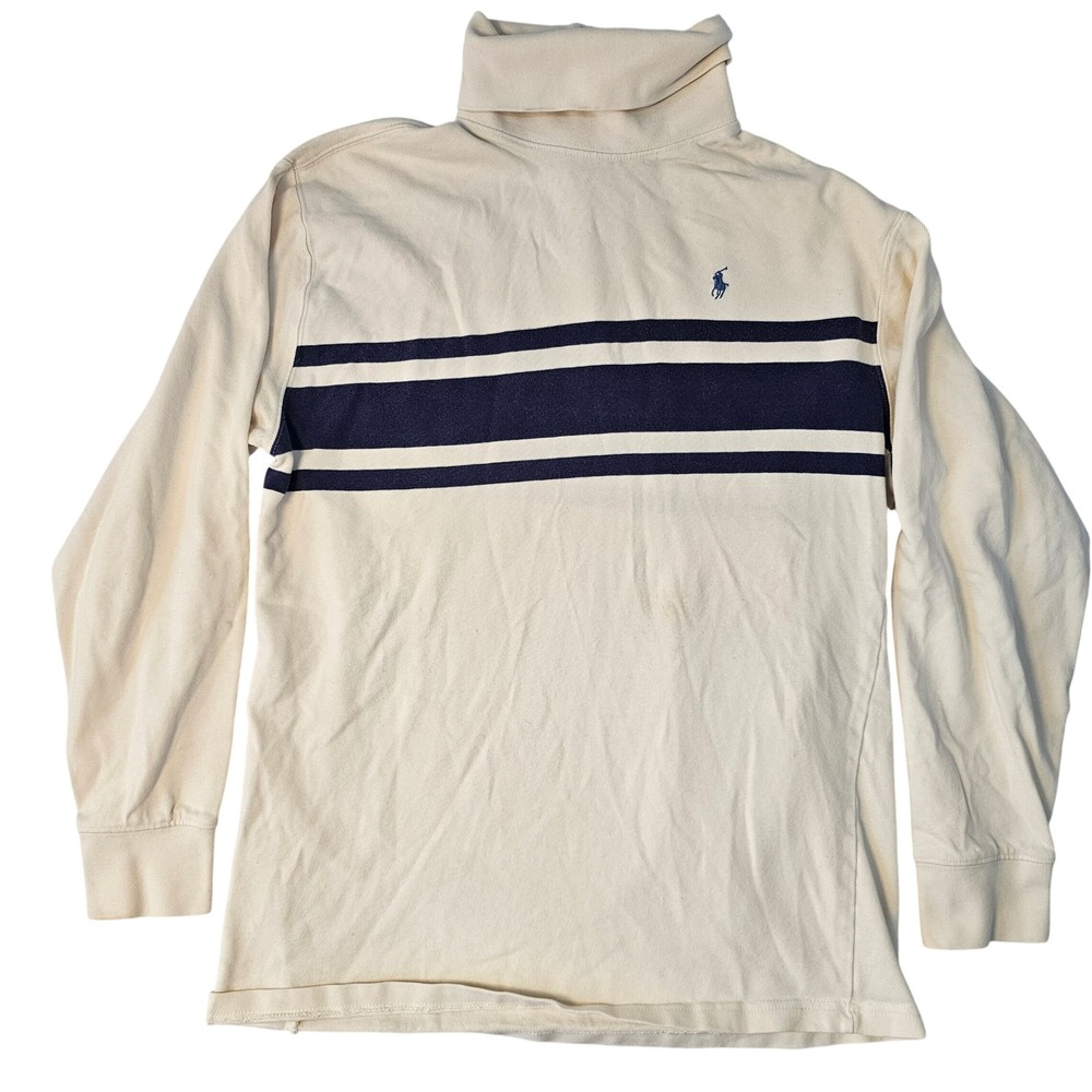 Polo Ralph Lauren Mens Large Cream Navy Blue Stripe Turtleneck Cotton Sweater L